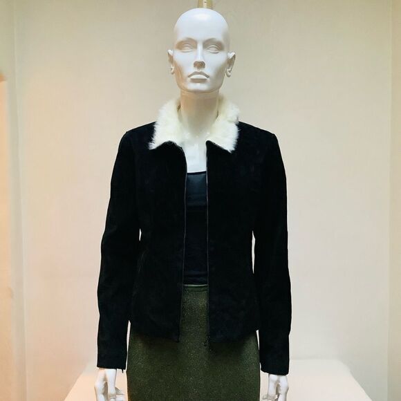PETER COHEN ZIP FRONT FITTED SUEDE JACKET NWOT BLACK WHITE COLLAR DEATIL - Picture 6 of 6